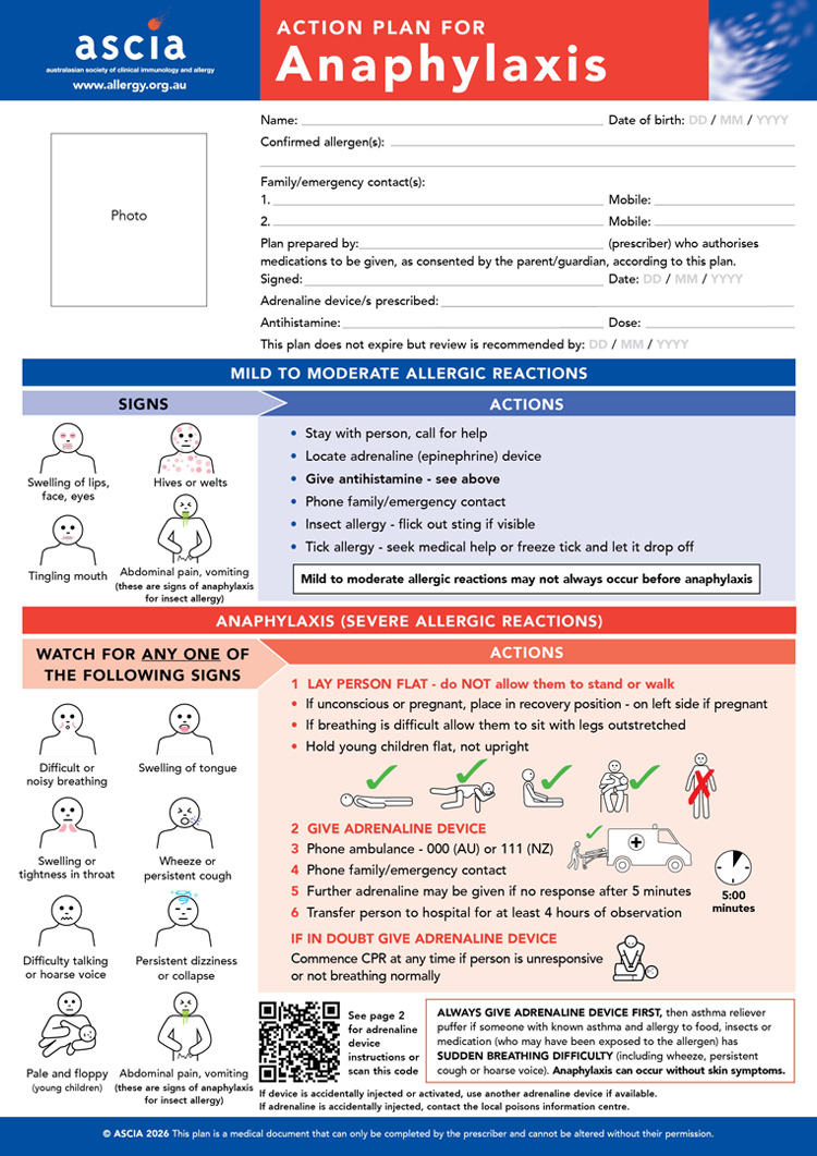 ASCIA Action Plan for Anaphylaxis General 2026